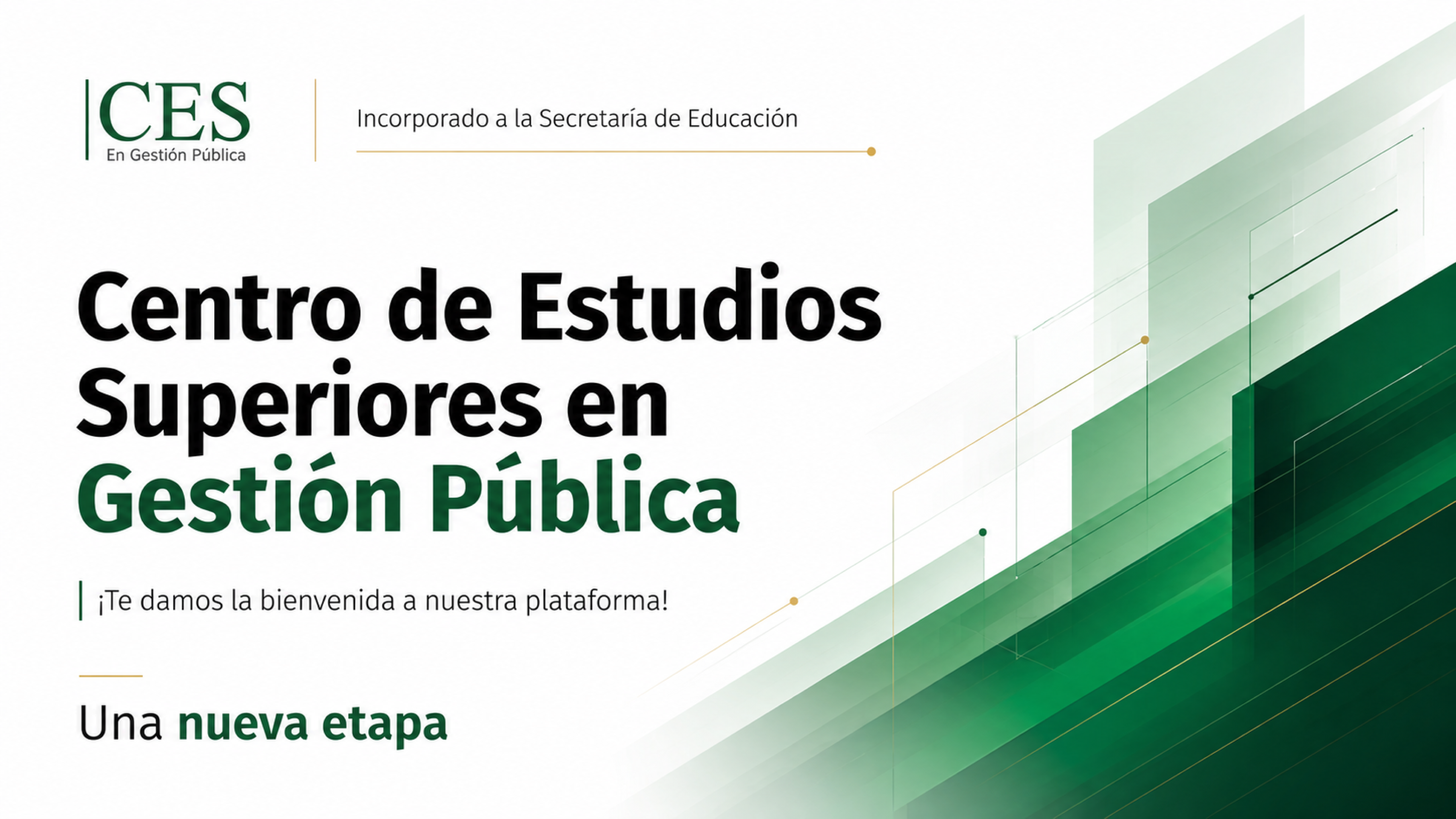 Portada de inicio con el nombre de la institución, farse de bienvenida e indicación de una nueva etapa